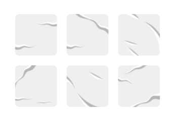 A set of wrinkled texture and square shaped stickers, paper and label mockup illustrations.