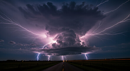 Lightning Storm over Rural Road with Dramatic Dark Clouds