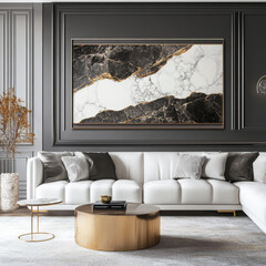 Frame mockup in a luxurious modern living room interior with elegant decor – perfect for artwork or poster display.