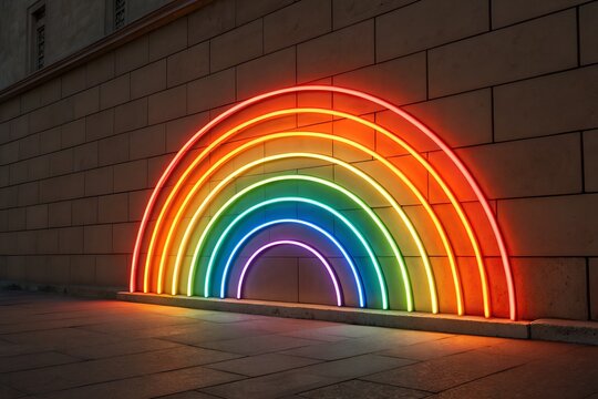 A vibrant neon rainbow illuminated against a textured brick wall capturing the essence of pride and celebration.