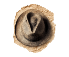 Vintage hat on crumpled paper background for creative designs, cut out transparent