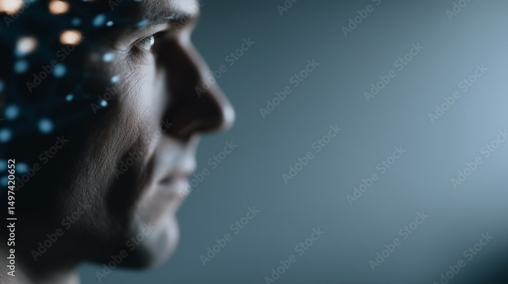 Poster human brain: close-up of a pensive male silhouette, with illuminated brain pattern projected on the 