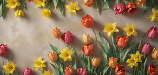 Vibrant tulips and daffodils burst forth on textured watercolor paper ,  daffodil,  close-up,  detail
