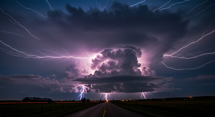 Lightning Strikes Over Rural Road and Field at Night