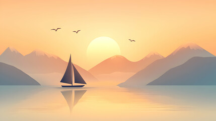 Fototapeta premium Serene sunset landscape featuring a sailboat gliding on calm water, silhouetted against a majestic mountain range. Peaceful and idyllic scene, perfect for travel, relaxation and nature themes.