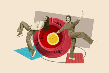 Creative composite sketch design artwork collage of hot coffee tea enjoy lemon piece flavor break rest two young lady walk retro style