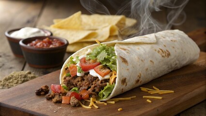 Delicious Mexican Burrito with Beef Lettuce Cheese and Tortilla
