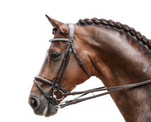 Fototapeta premium Elegant horse head with braided mane for design, cut out transparent