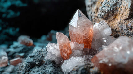 Fototapeta premium Captivating crystal formations glisten in rocky environment, showcasing their unique shapes and colors, evoking sense of wonder and beauty
