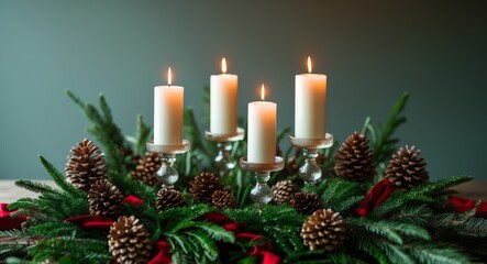 Four White Candles with Pine and Red Ribbon. Festive Christmas Arrangement.