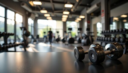 Fototapeta premium Empty black table in dark gym with metal dumbbells on table, fitness lifestyle, exercise equipment in dim light, surrounded by bright light bulbs.