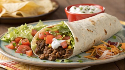 Delicious Mexican Burrito with Beef Lettuce Cheese and Tortilla