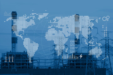 Blank World map overlay with large industry Power plant background on blue color tone graphic for world wide energy business presentation