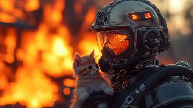 Futuristic robot saving a small kitten from a fire, symbolizing artificial intelligence in emergency rescue. Advanced robotics ensuring safety and protection in disaster scenarios