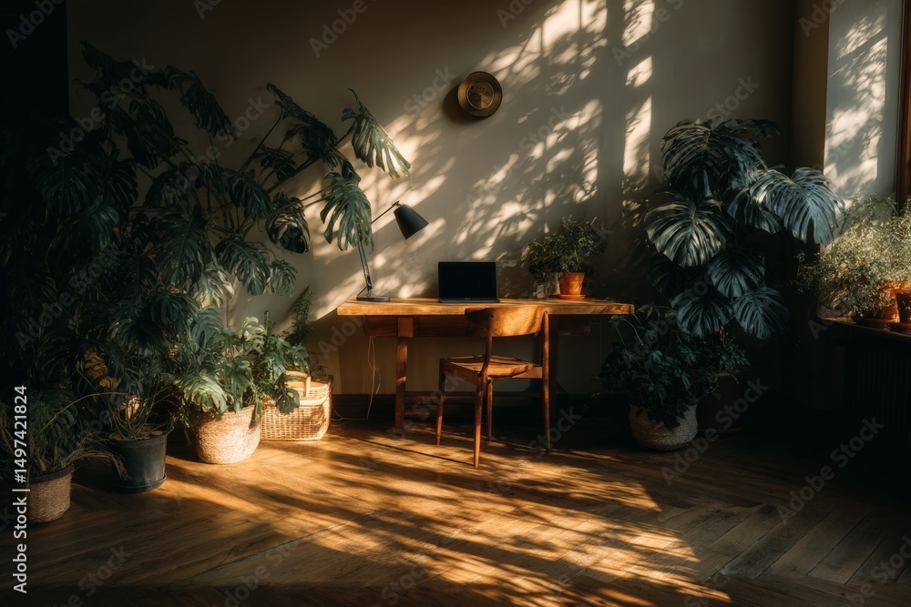 Aufkleber cozy workspace illuminated by soft sunlight casting shadows from plants in a serene indoor setting