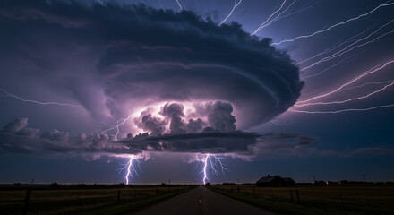 Lightning Storm Over Rural Road and Field at Night
