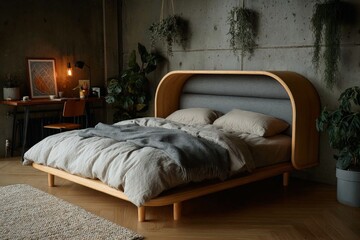 Cozy bedroom with modern wooden bed and minimalistic decor in soft natural light