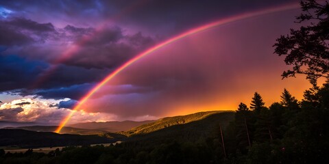 Majestic double rainbow arcing over lush green mountains and dramatic cloudy purple skies at sunset