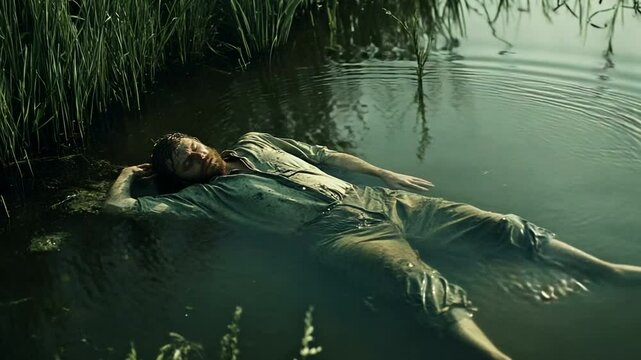 A serene scene of a man floating in a calm pond surrounded by lush greenery, evoking tranquility