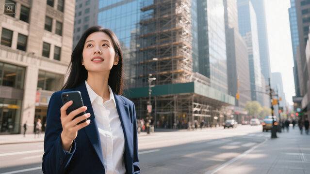 Confident Businesswoman Holding Smartphone in Modern Cityscape