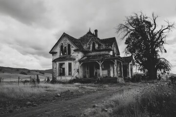 Abandoned Victorian house surrounded by barren landscape under a cloudy sky