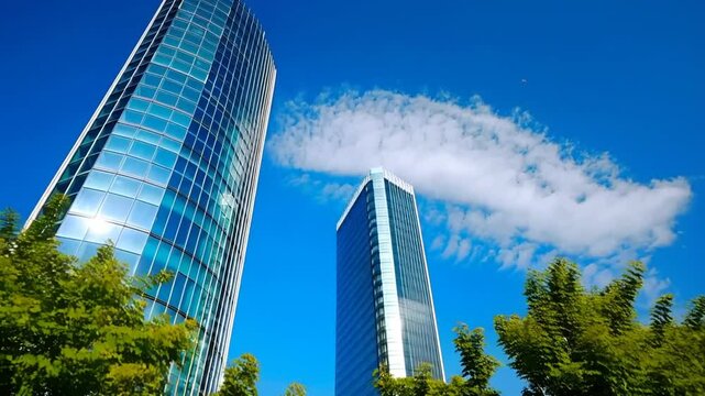 City Skyline and Blue Sky: A modern city skyline gleams beneath a vibrant blue sky, featuring tall glass building that pierce the sky and tree that frame the scene.