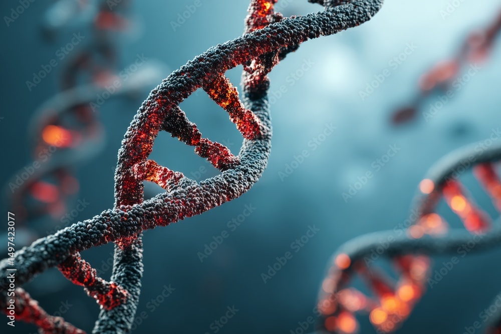 Poster intricate structure of dna showcasing the double helix design with luminous elements under a dark ba