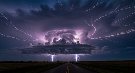 Dramatic Lightning Storm over Rural Road with Dark Clouds