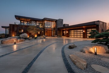 Modern architectural design showcased at twilight with glowing pathway outside luxury residence