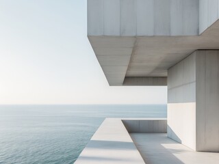 Modern Concrete Architecture Overlooking the Serene Ocean, Minimalist Design.