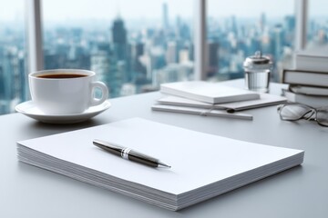 Office workspace with coffee, blank papers, and city skyline view during morning hours