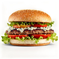 Delicious gourmet burger with blue cheese tomatoes and lettuce food photography