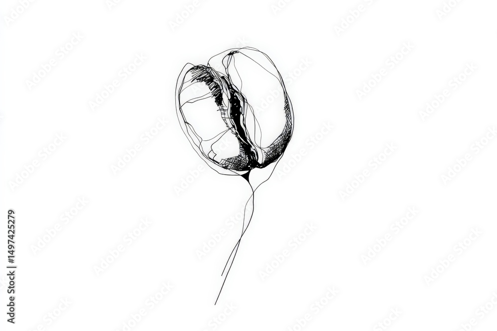 Poster elegant line drawing of a single tulip flower showcasing intricate details on a minimalist backgroun