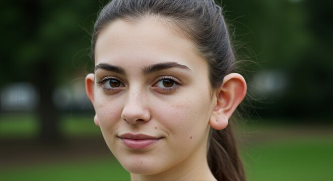 Young woman with big ears smiling in a green park during daylight  