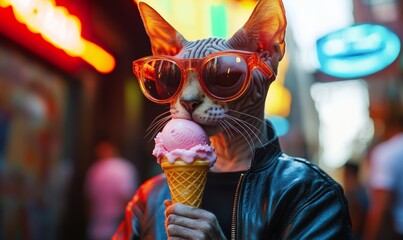 Cool Cat Enjoying Summer Ice Cream in the City
