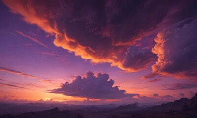 Fiery orange and purple clouds bleed across a vast, breathtaking twilight sky ,  blue,  ambient