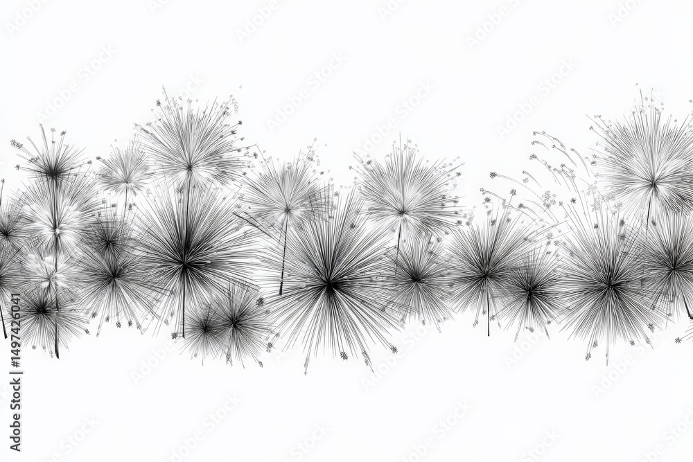 Poster elegant black and white abstract representation of dandelion seeds swaying in a gentle breeze on a m