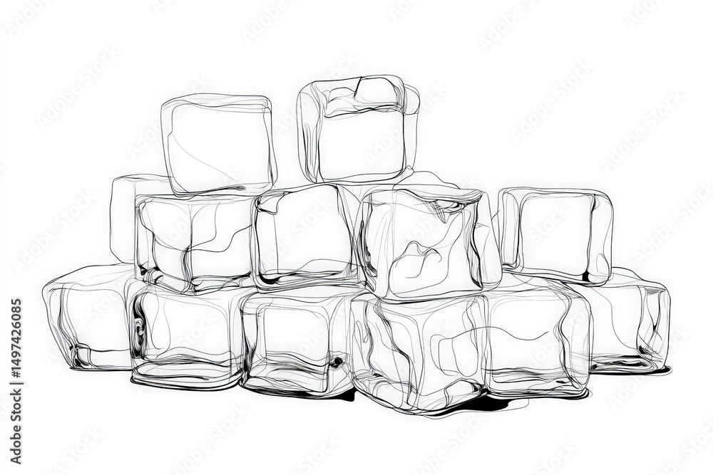 Poster melting ice cubes piled together creating a minimalist, artistic and abstract representation in a si