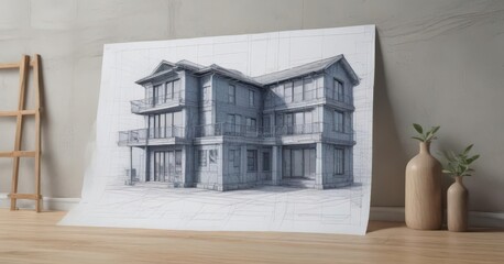 Blueprint photo mockup with architectural drawing overlay, textured effect ,  minimalist,  image