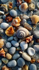 Beach texture of seashells and pebbles on the sand