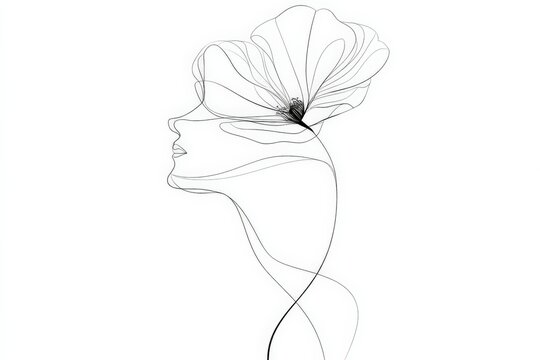 Elegant line art portrait of a woman with a flower in her hair, showcasing creativity and simplicity in design