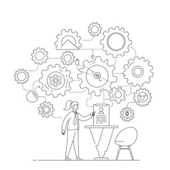 Fototapeta premium Minimalistic Outline Cogwheel Gear Connection with Female Person Displaying Information Illustration