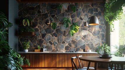 Outdoor kitchen area with faux stone wall backdrop and hanging plants