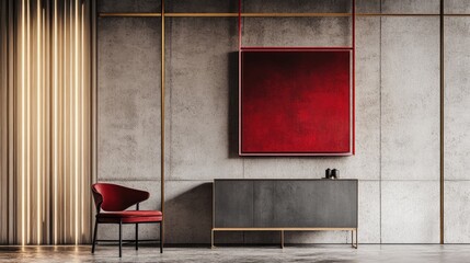 Red-framed mirror hanging above a minimalistic sideboard cabinet
