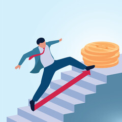 A man steps on a ladder. A metaphorical illustration for shortcuts, strategies and the quickest way.