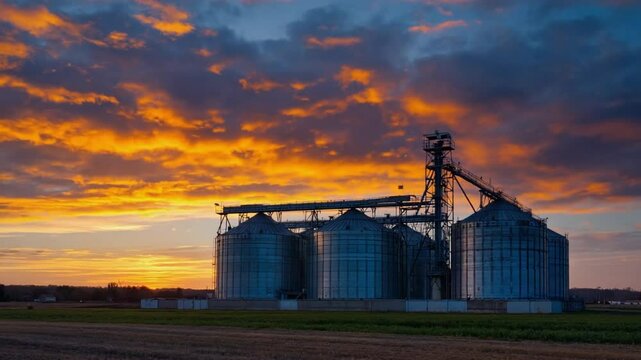 Vast agricultural landscape with grain silos and a vibrant sunset sky, symbolizing farming, harvest, and rural industry. Ideal for agriculture, landscape, and food production themes.