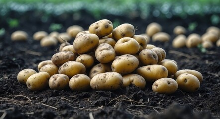 Harvested Potatoes Pile on Dark Soil, Fresh From the Farm, Ready for Cooking.