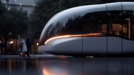 Futuristic transport pod parked in a modern urban setting during evening hours