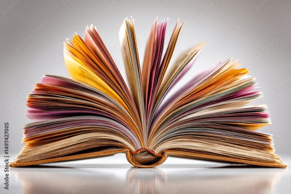 Poster open book displaying colorful pages in a well-lit environment highlighting its intricate design and 