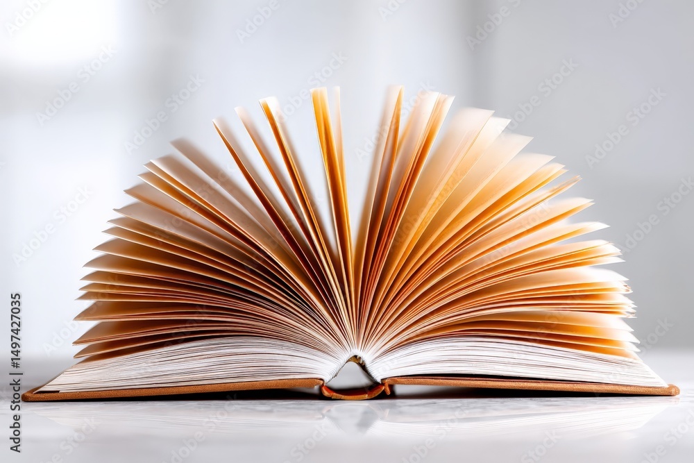 Poster open book resting on a smooth surface with pages fanned out in soft light, inviting readers to explo